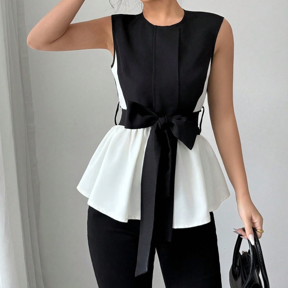 NWT Size Large Sleeveless Color Block Bowknot Peplum Top Blouse